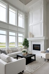Minimalist living room featuring a white fireplace, oversized windows, and a neutral color palette Clean and airy design - stylish high comfortable minimalistic living