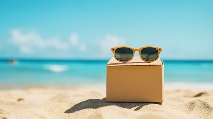 Stylish sunglasses resting on a cardboard box at the beach during a sunny day by the ocean