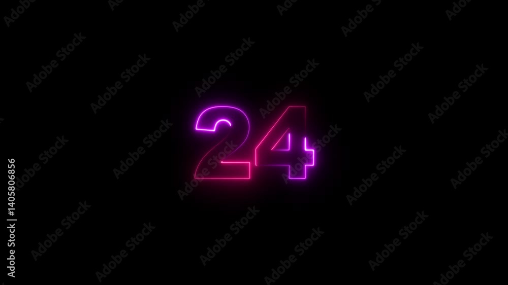 Poster neon text 24 number countdown icon background 4k animation.