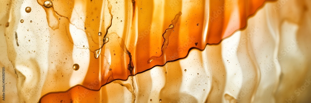 Poster abstract close up of amber liquid with dripping and flowing textures and small bubbles visible
