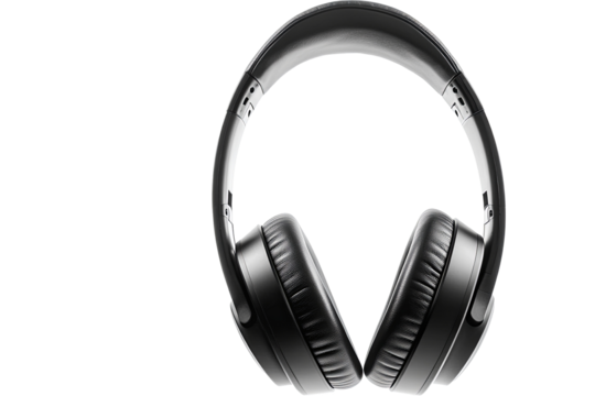 Sleek over-ear headphones in black with a glossy finish against a transparent background, suggesting audio quality and comfort