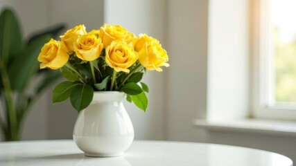 A bouquet of yellow roses stands in a white vase on a table in the room.