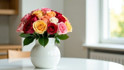 Obraz premium Colorful bouquet of roses in white vase on table near window indoors.