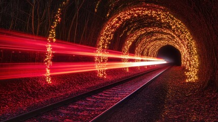 A railway track vanishing into a glowing, festive tunnel adorned with warm, blurred lights. Dramatic perspective and rich red tones create a magical atmosphere