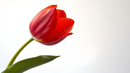 Obraz premium Vibrant red tulip blooms gracefully against a soft white background showcasing natural beauty and elegance in floral design