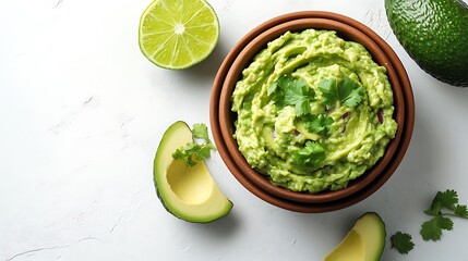 Obraz premium Fresh Guacamole Dip in Brown Bowl with Avocado, Lime, Cilantro on White Surface