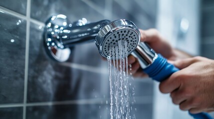 Plumber installing a new showerhead in a bathroom. Featuring technical expertise and care