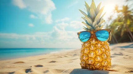 Pineapple wearing sunglasses enjoying a sunny day on a tropical beach with palm trees and calm ocean waves