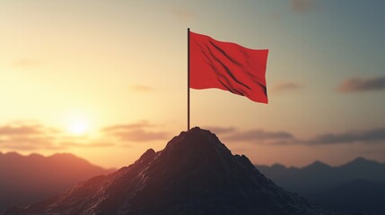 Red Flag on Mountain Peak at Sunset Achievement Victory Success Symbol
