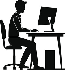Man Silhouette Working At Computer Desk Design Vector Illustration In Black And White Monochromatic Workspace