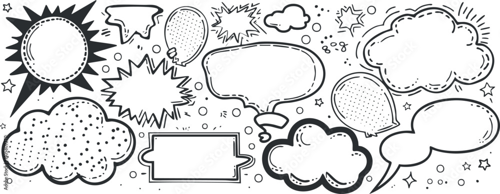Poster a collection of various speech bubbles and comic-style elements for creative design projects.