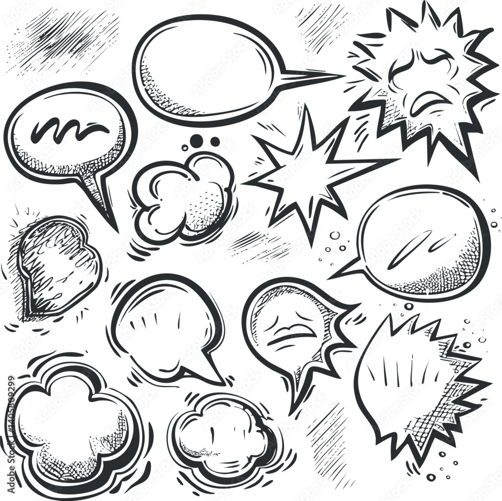 Poster a collection of various speech and thought bubbles in a comic style with different expressions.
