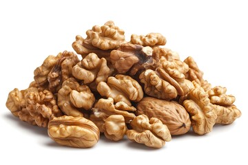 Heap of fresh walnuts with detailed texture on a bright white background