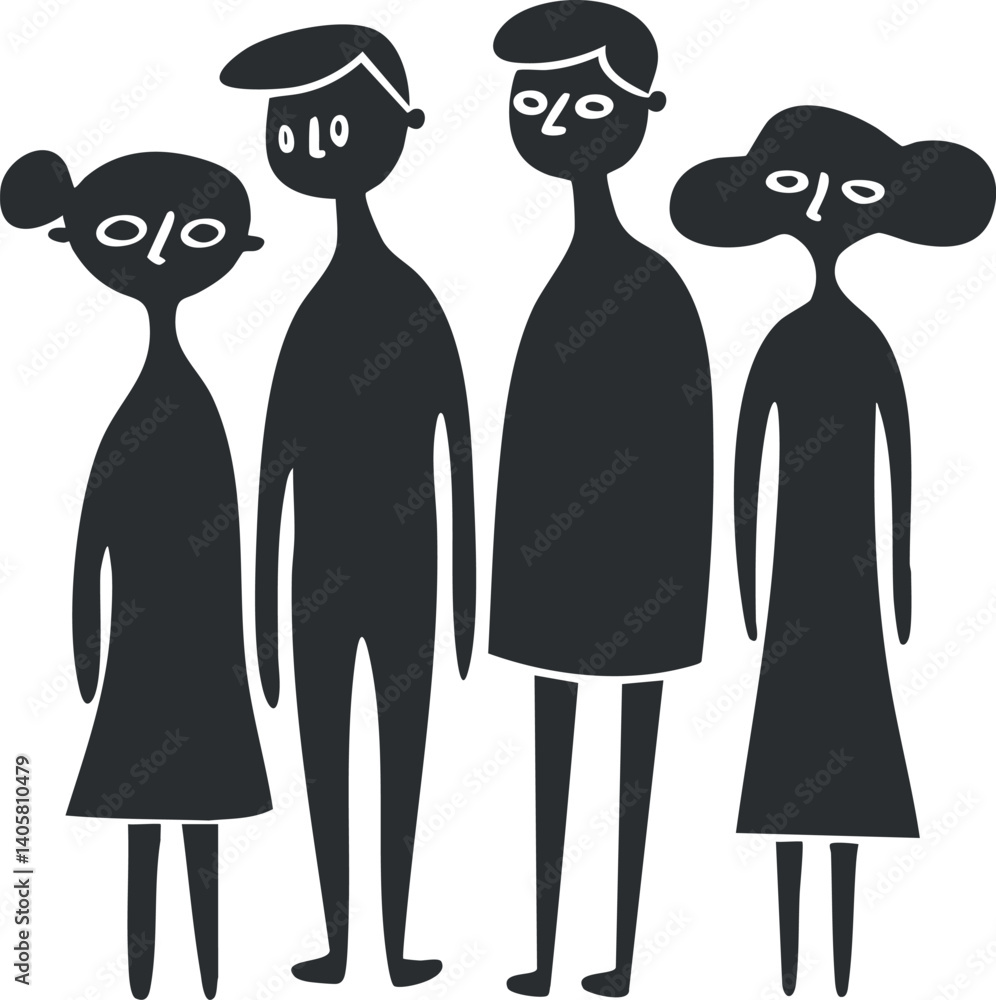 Poster a stylized illustration of four abstract characters representing diversity and togetherness in a mod