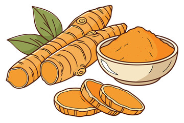 6 Turmeric roots, fresh turmeric, sliced turmeric, turmeric powder, vibrant orange, earthy spice, culinary ingredients, organic produce, aromatic spices, Indian cuisine, anti-inflammatory superfood, r