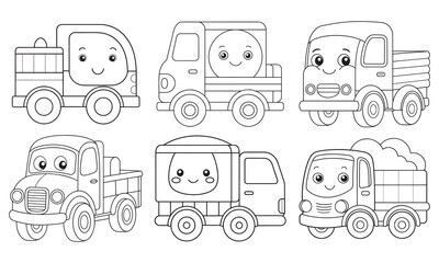 Set of Cute Cartoon Trucks Coloring Page Illustration