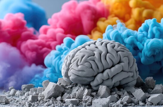 A colorful brain exploding in an explosion of color, against a black background