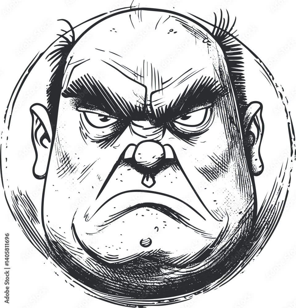 Aufkleber a humorous cartoon illustration of an angry character with a grumpy expression and exaggerated featu