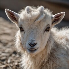 Fototapeta premium A baby goat with soft fur and tiny horns posing adorably on white.
