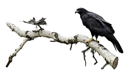 Obraz premium PNG of A majestic black hawk perched on a birch branch, showcasing its striking plumage and keen gaze.