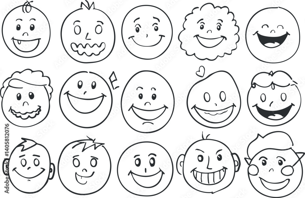 Poster a collection of cartoon faces displaying various happy emotions and expressions in a simple line art