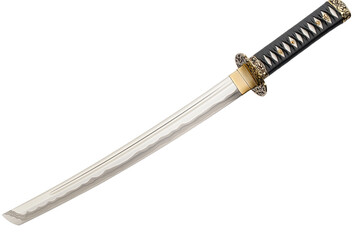 Polished sword with black hilt & golden accents, lying diagonally on a transparent background, showcasing its sleek design