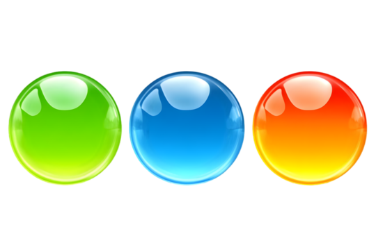 Three Glossy Transparent Spheres in Green Blue And Orange on Black Background Illustration