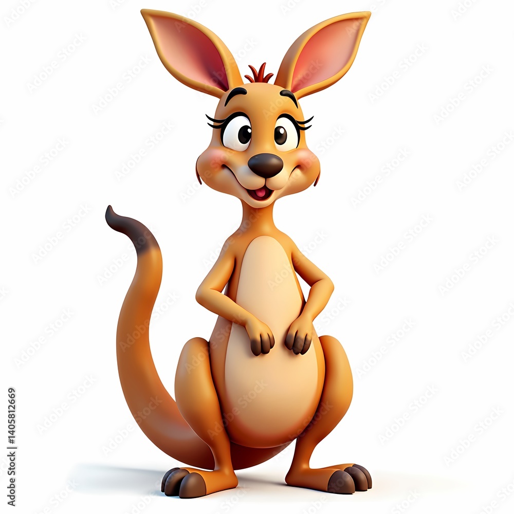 Poster cartoon kangaroo standing with hands clasped in front on a white background in studio light