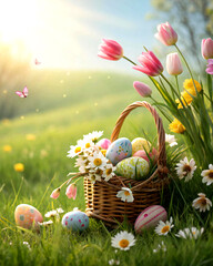 Fototapeta premium easter basket colorful pastel eggs spring flower