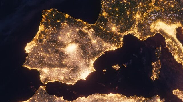 Planet Earth at Night. Spain, Portugal and Western Europe. View from Space Orbit. Night Globe