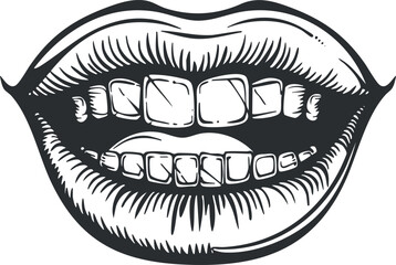 A stylized illustration of a smiling mouth with prominent teeth and full lips.