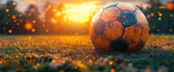 A well-loved soccer ball rests in a field during a warm golden sunset. Light illuminates the scene