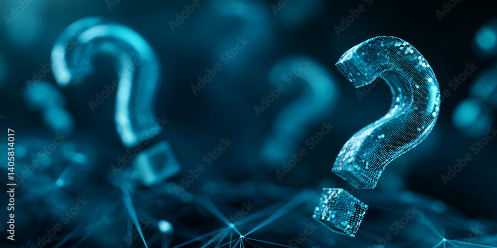 Poster abstract image of glowing blue question marks, floating over a network, suggesting concepts of inqui