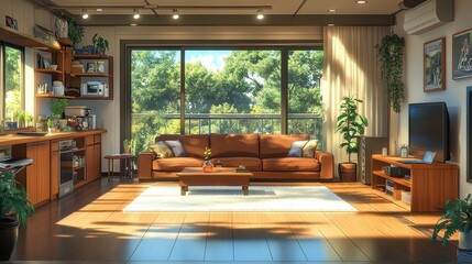Fototapeta premium Bright, cozy living room with a warm brown sofa, large windows overlooking lush greenery, and wooden floors. A blend of modern and rustic elements creates a relaxing atmosphere