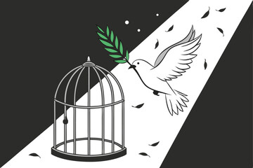 8 white dove, olive branch, breaking free, open birdcage, freedom symbolism, feathers falling, dramatic lighting, minimalist composition, symbolic imagery, hope, peace, liberation, high contrast, shad