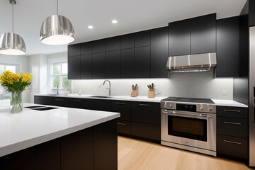 a neat and sophisticated kitchen setting, where the finest home appliance products are elegantly displayed in a harmonious arrangement. 