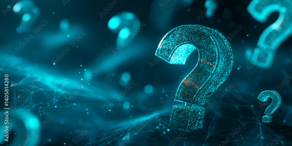 Poster Glowing cyan question marks on a dark, abstract background, suggesting digital uncertainty or inquiry, perfect for tech or problem-solving concepts