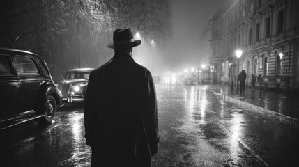 Film noir style man in hat and raincoat walks rainy street. Detective agent in city at night, mystery atmosphere, dark thriller. Vintage retro 