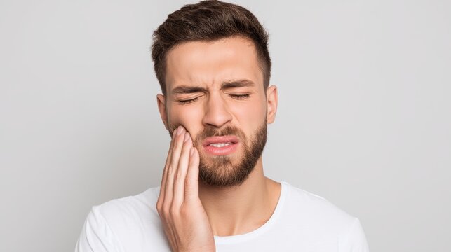 Closeup of person with toothache, holding jaw, Tooth pain