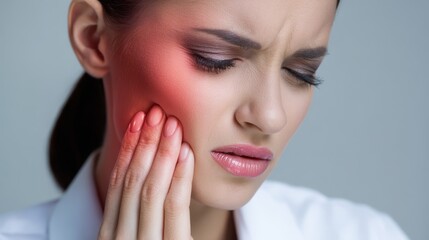 Closeup of person with toothache, holding jaw, Tooth pain