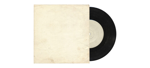 a 7 inch format vinyl record mockup isolated on transparent background, disc inside the sleeve and with empty space for music cover design