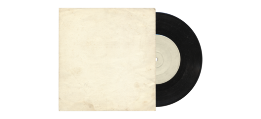 a 7 inch format vinyl record mockup isolated on transparent background, disc inside the sleeve and with empty space for music cover design