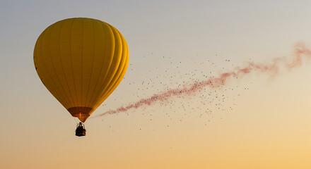 Obraz premium Golden Hour Hot Air Balloon & Pink Smoke Trail AI Generated