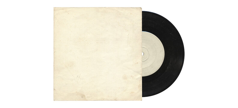 a 7 inch format vinyl record mockup isolated on transparent background, disc inside the sleeve and with empty space for music cover design