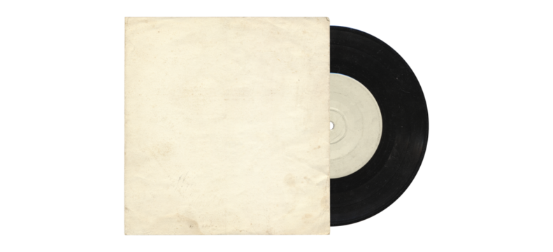 a 7 inch format vinyl record mockup isolated on transparent background, disc inside the sleeve and with empty space for music cover design