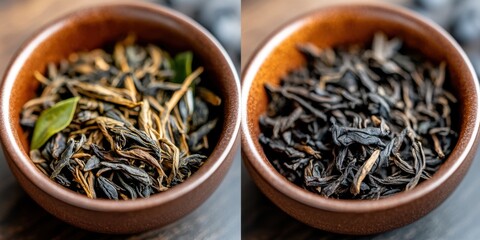 Fototapeta premium Assorted loose leaf black and green teas in wooden bowls for a relaxing tea ceremony experience