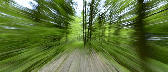 Speedy forest path through vibrant green trees.