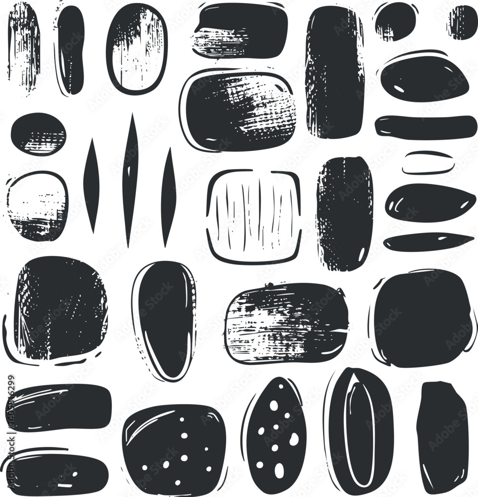 Poster a collection of abstract black shapes and textures ideal for modern design and artistic projects.