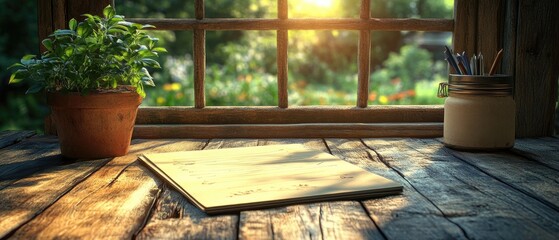 Sunny window view with notepad, plant and pen jar on a wooden table indoors