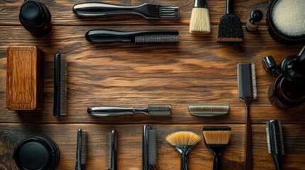 Barbershop tools neatly arranged on a wooden surface
